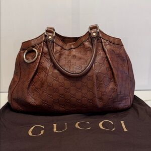 Gucci Embossed Brown Leather Shoulder Bag
